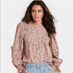 Universal Thread Floral Tan Pink Ruffle Long Sleeve Shirt Size XS Oversized